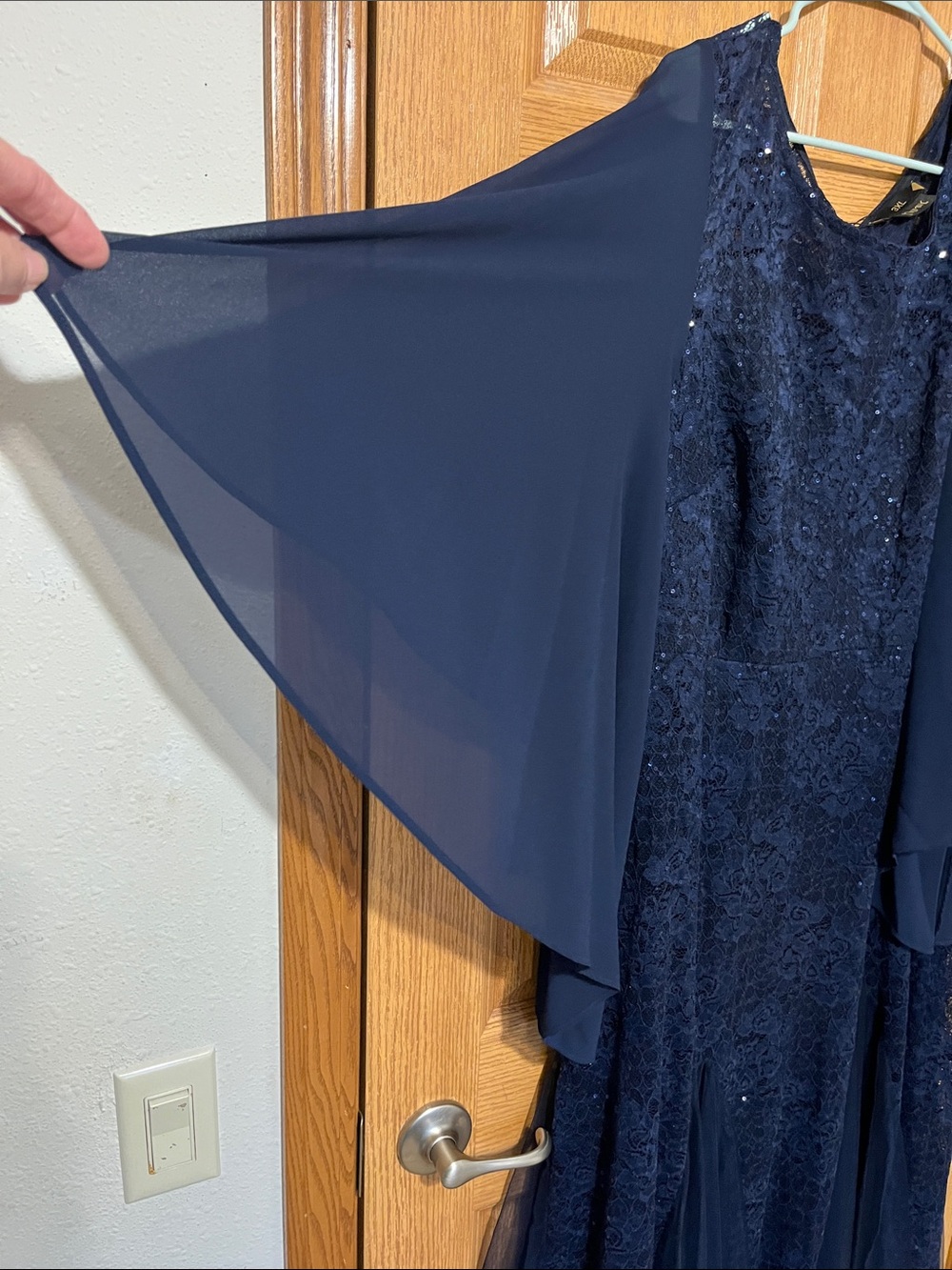 Navy Sequin Lace Evening Wedding Dress with Chiffon sleeves - Picture 2 of 7
